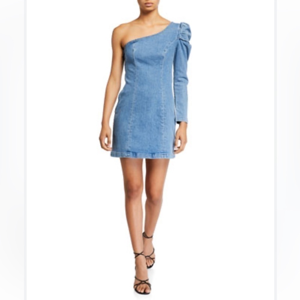 Girlfriend Elle Puff-Sleeve One- Shoulder Denim Dress Xs.